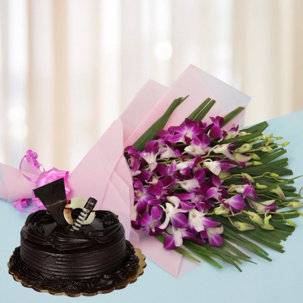 6 Purple Orchids in Pink Paper Packing, Pink Bow with Truffle Cake (Half Kg)